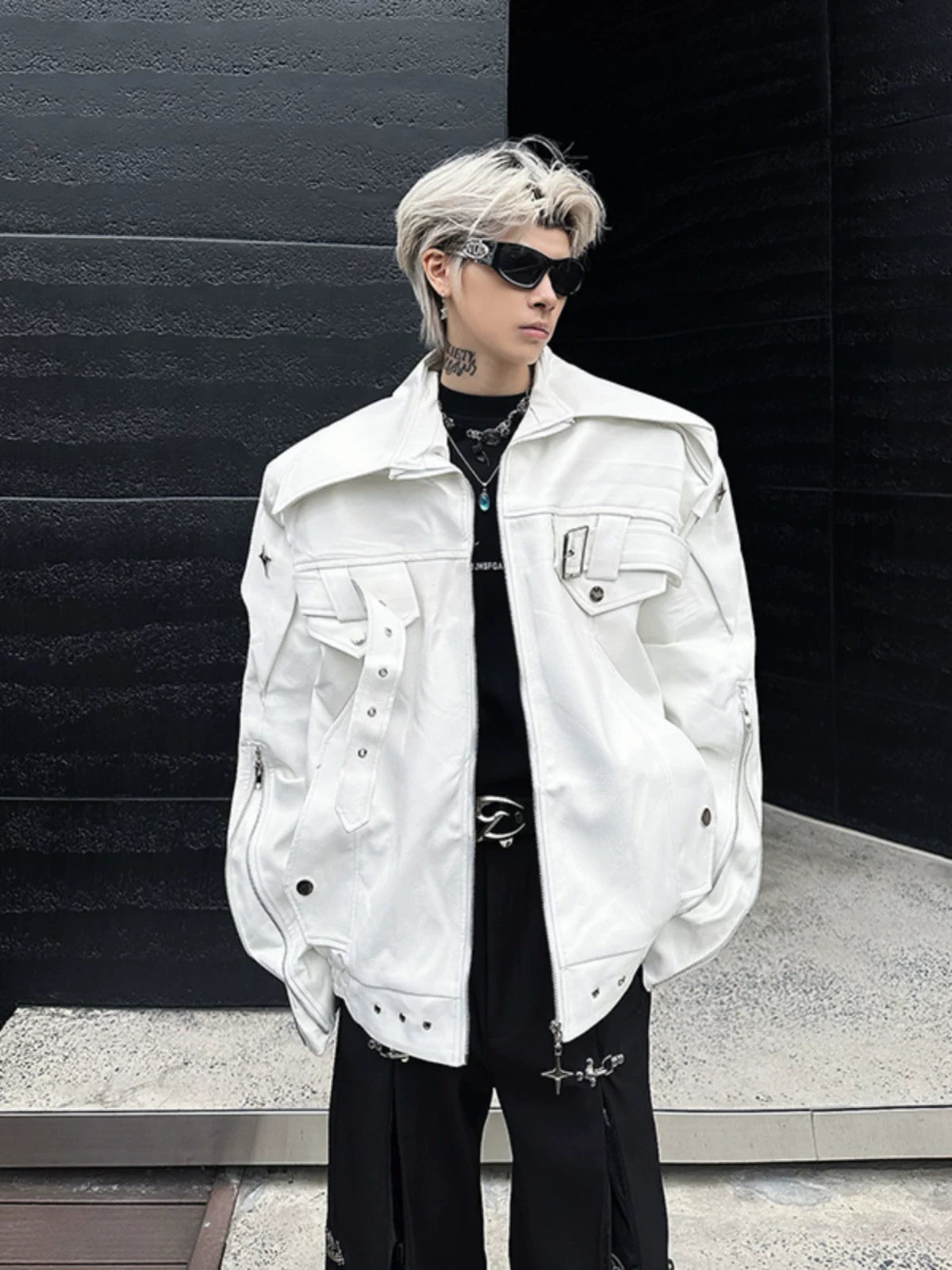 Áo khoác da có đệm vai, khóa kéo phá cách, dành cho nam và nữ, phong cách Mỹ thời thượng mùa xuân thu, chất liệu da PU, dáng rộng, áo khoác biker cá tính.