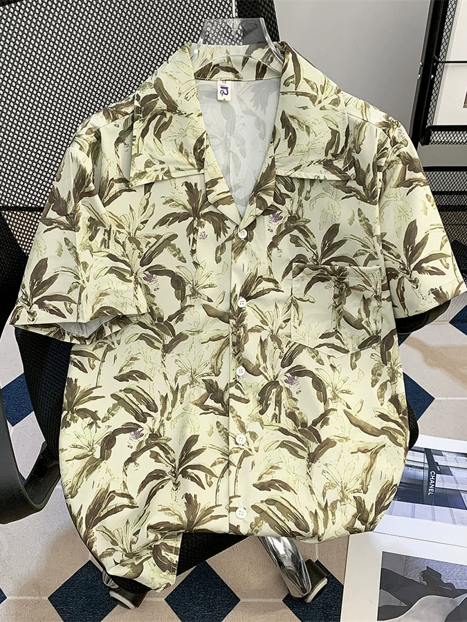 Áo sơ mi hoa ngắn tay in họa tiết lá cây dành cho nam, áo sơ mi đi biển phong cách nghỉ hè, áo cổ Cuba phong cách lười biếng thời thượng