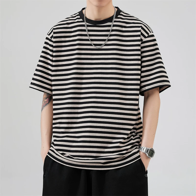 Áo thun nam tay ngắn sọc cotton nguyên chất, phong cách Nhật Bản, kiểu dáng đơn giản, thoải mái, dáng rộng mùa hè, áo thun nửa tay thời thượng và sành điệu.