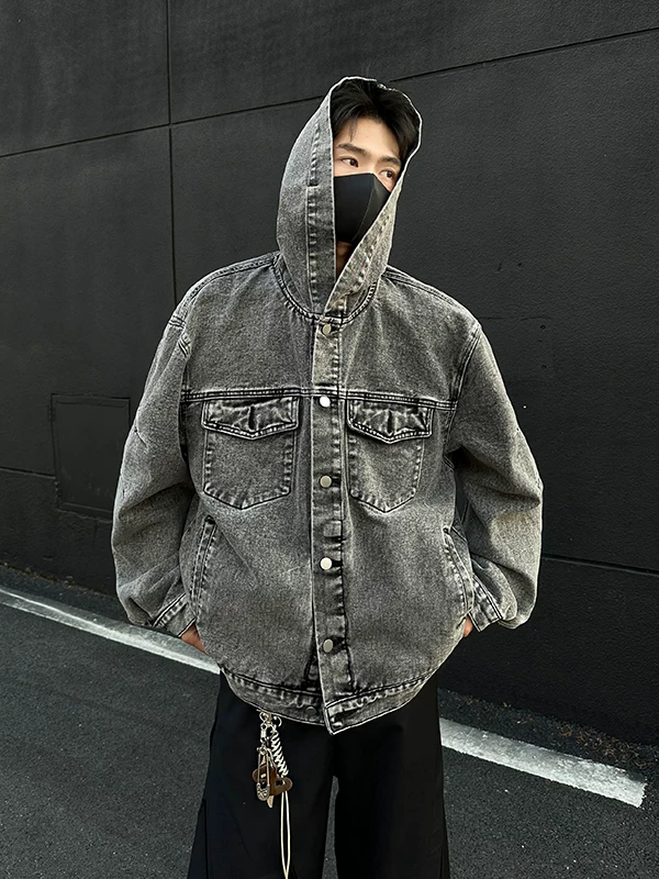 Áo khoác denim có mũ trùm đầu, chất liệu dày dặn, thích hợp cho mùa xuân và mùa thu, kiểu dáng thời trang, rộng rãi, phong cách Mỹ cổ điển dành cho nam giới.