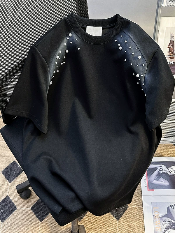 Áo thun ngắn tay đính hạt cao cấp dành cho nam, áo thun cotton nguyên chất đa năng in họa tiết mùa hè, kiểu Mỹ thời thượng, tay lửng có đệm vai.