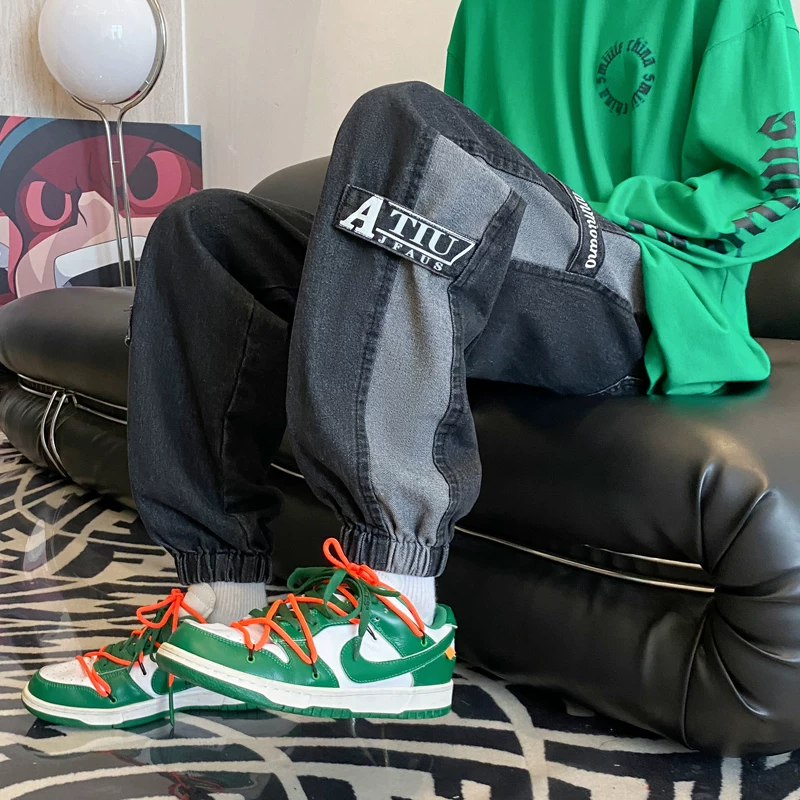 Quần jeans denim phối họa tiết dành cho nam, quần casual phong cách đường phố Mỹ thời thượng, quần jogger harem dáng rộng cho mùa thu đông.