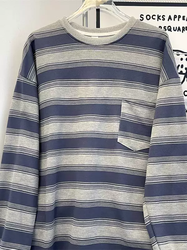 Áo nỉ sọc phối màu xuân thu dành cho nam, áo thun cotton nguyên chất dáng rộng, áo thun dài tay phong cách Mỹ cổ điển hợp thời trang.