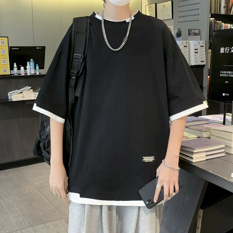 Áo thun giả hai mảnh tay ngắn dành cho nam, phong cách Hồng Kông, áo nửa tay rộng rãi hợp thời trang, áo thun tay lửng mùa hè sành điệu.