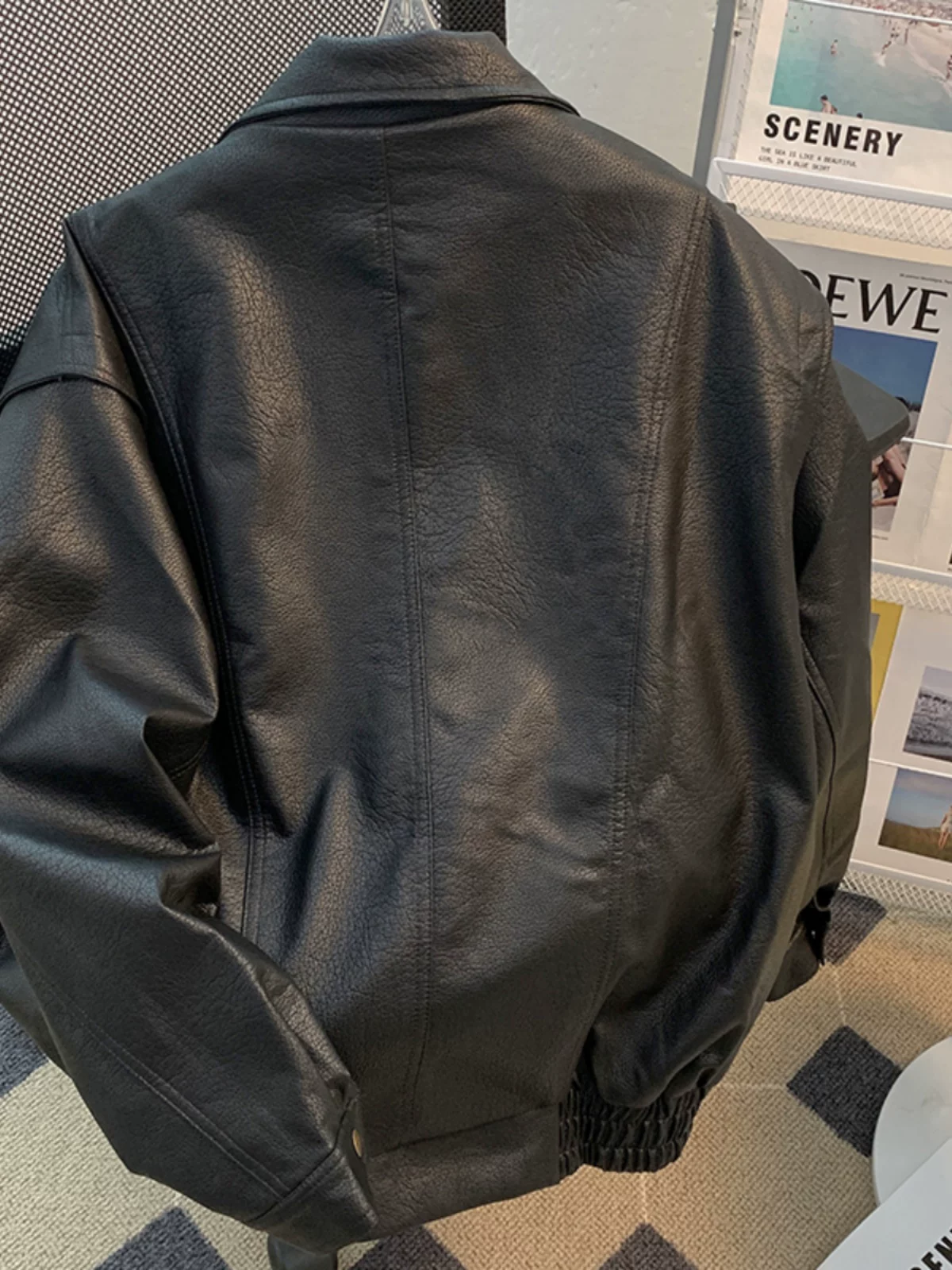 Áo khoác da cổ điển dành cho nam, mùa xuân thu, áo khoác da PU cổ đứng cao cấp, áo khoác biker dáng rộng thời thượng.