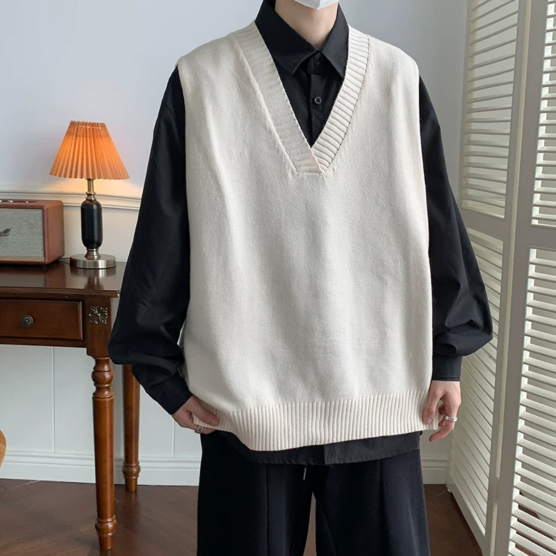 Áo vest dệt kim màu cà phê cổ điển dành cho nam, áo khoác ngoài mùa thu đông, áo len không tay dáng rộng hợp thời trang phong cách Hồng Kông dành cho cặp đôi.
