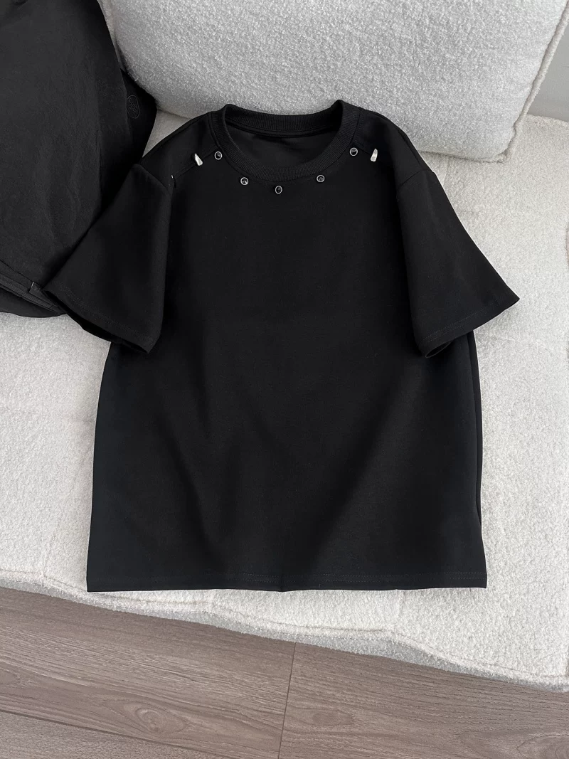 Áo thun ngắn tay thiết kế đính hạt kiểu Mỹ dành cho nam và nữ, áo cổ tròn dáng rộng thương hiệu thời thượng, áo thun chắp vá phá cách mùa hè.