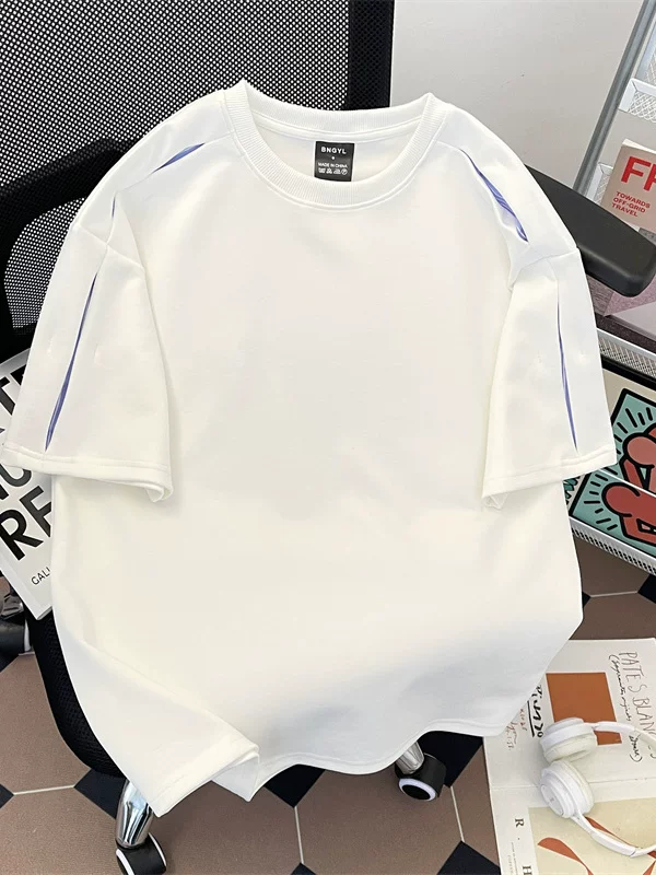 Áo thun nam tay ngắn phối vải sọc nặng, kiểu dáng phá cách, chất liệu mát mẻ, phong cách Mỹ, cổ tròn, mùa hè.