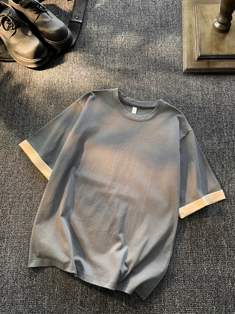 Áo thun nam tay ngắn kiểu Mỹ, dáng rộng mùa hè, thiết kế phối màu, thương hiệu thời thượng, cảm giác đơn giản và cao cấp, áo mặc trong.