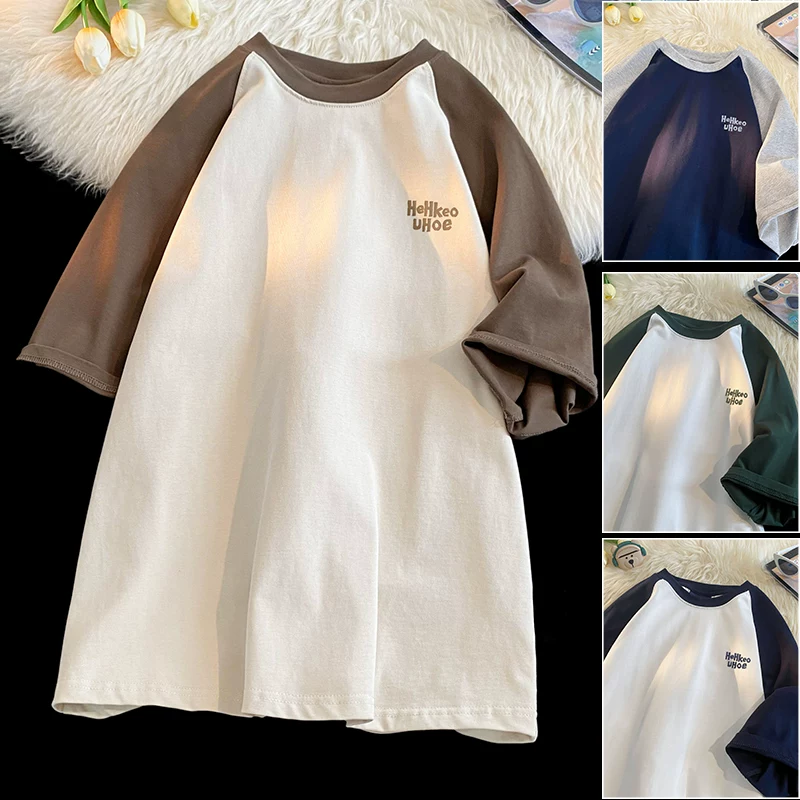 Áo thun nam tay ngắn chất liệu cotton nguyên chất, kiểu Mỹ, phối màu, tay raglan, dáng rộng, thời trang, thương hiệu nổi tiếng, áo đôi đa năng, tay lửng.