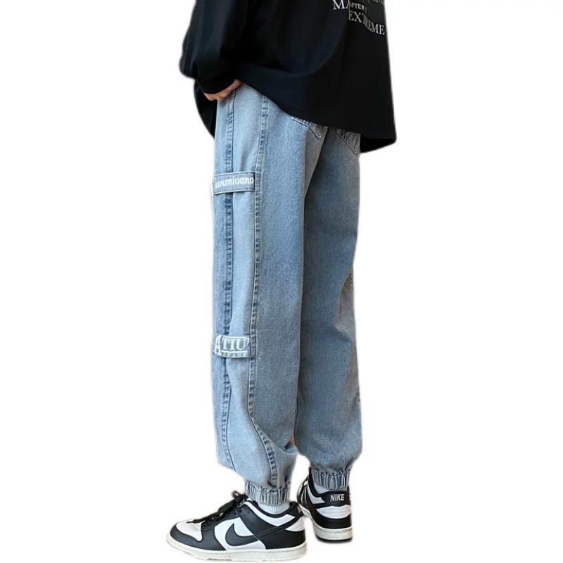 Quần jeans denim phối họa tiết dành cho nam, quần casual phong cách đường phố Mỹ thời thượng, quần jogger harem dáng rộng cho mùa thu đông.