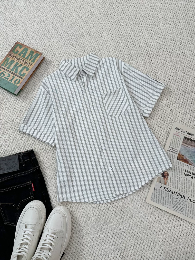 Áo sơ mi ngắn tay sọc kiểu Nhật dành cho nam và nữ, áo đa năng cổ bẻ mùa hè, áo khoác sơ mi cao cấp dáng rộng thương hiệu thời thượng.