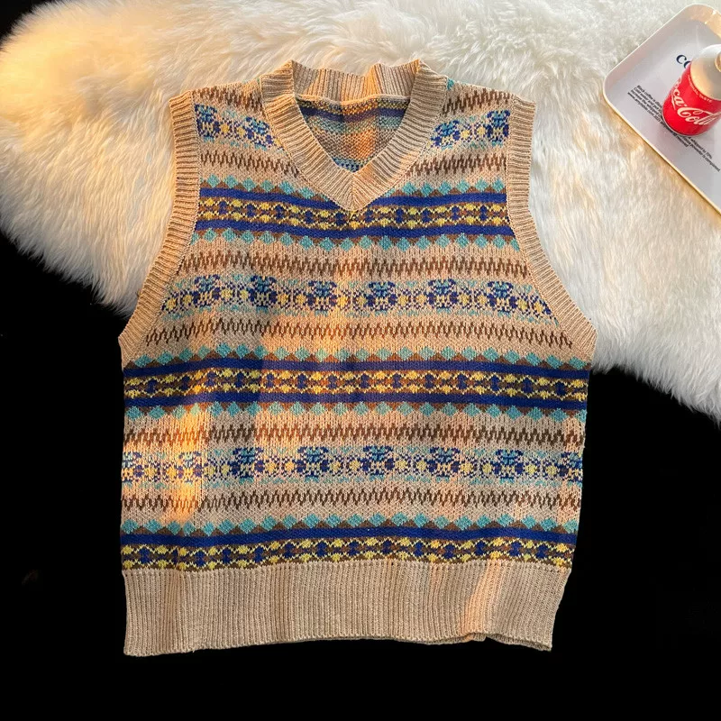 Áo vest dệt kim cổ chữ V phong cách retro Nhật Bản dành cho nam, áo len không tay đa năng mùa thu, phong cách cặp đôi hợp thời trang.