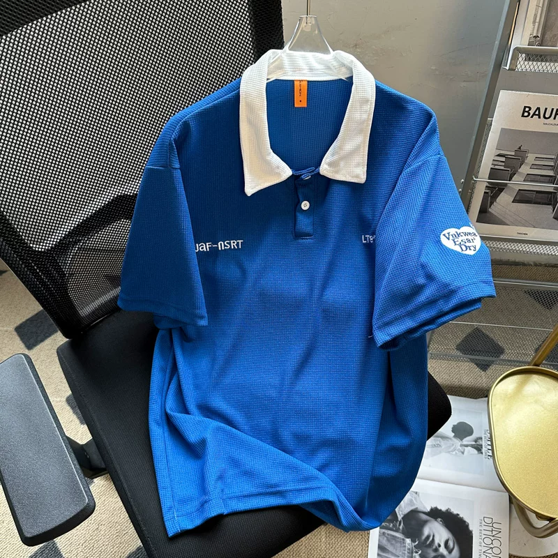 Áo polo thêu phối màu nam tay ngắn, chất liệu waffle, cổ bẻ, kiểu dáng thời trang Mỹ, form rộng, áo đôi, tay lửng mùa hè