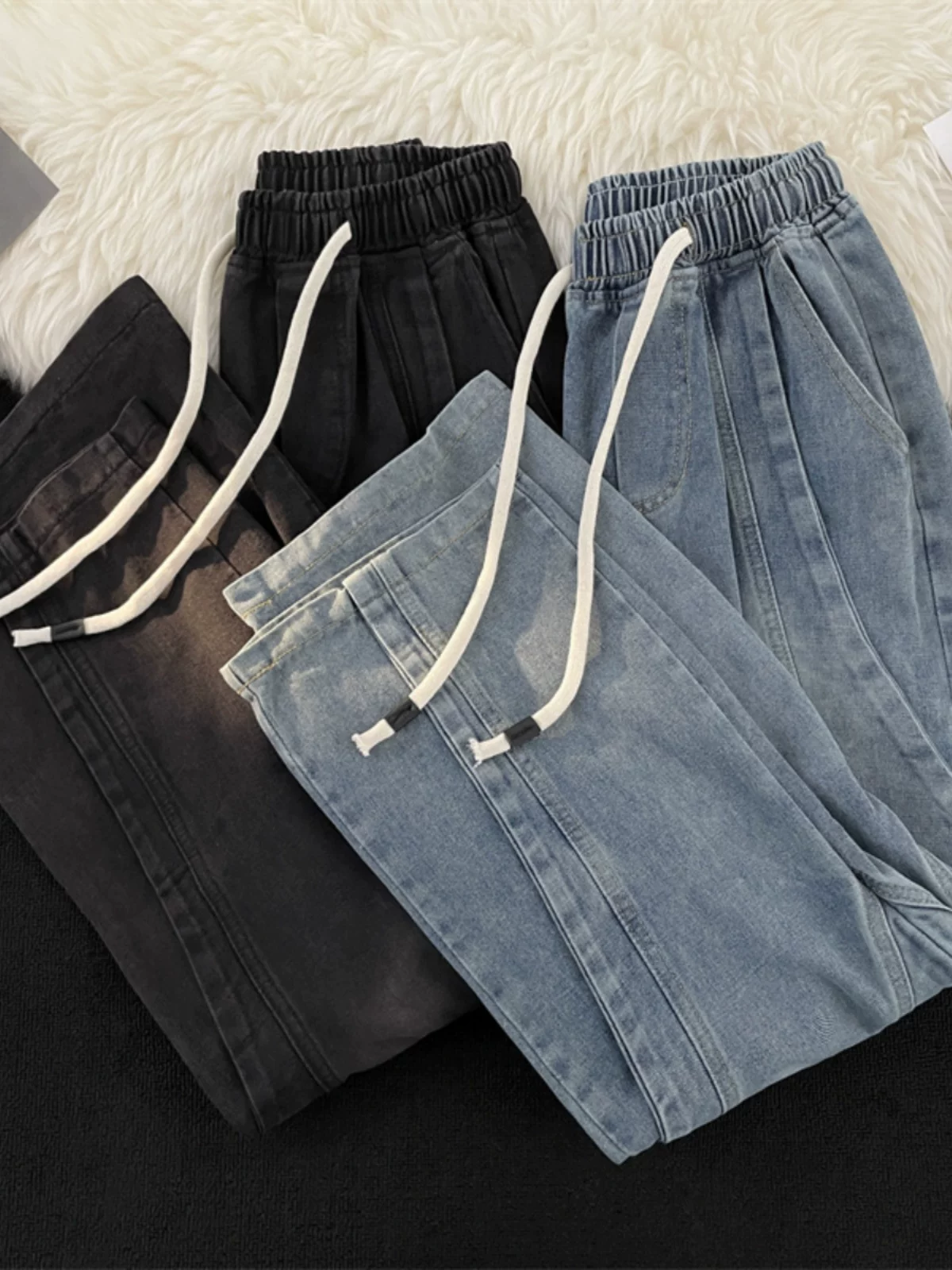Quần jeans nam cạp chun thiết kế phá cách, phong cách Mỹ mùa xuân thu, quần vintage giặt mài, quần dài ống rộng dáng rộng thời thượng.