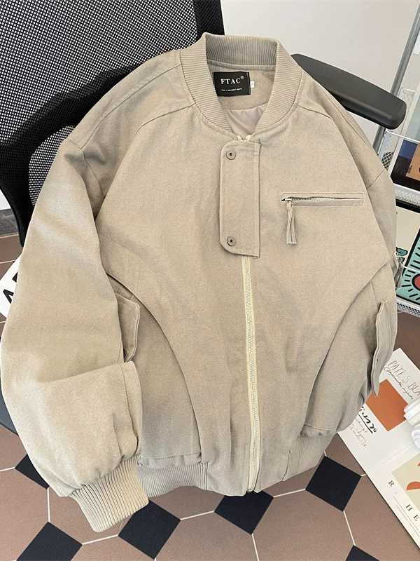 Áo khoác bomber vải canvas đã qua xử lý giặt cho nam, áo khoác bóng chày thời trang xuân thu, áo khoác ngoài cao cấp kiểu Mỹ ngắn, phong cách thường ngày.