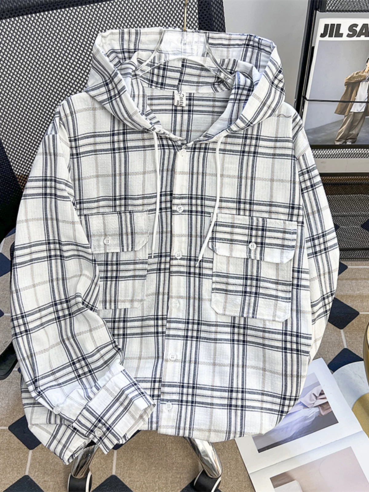 Áo sơ mi dài tay kẻ sọc có mũ trùm đầu dành cho nam, áo sơ mi phong cách retro lười biếng, áo khoác thường ngày thương hiệu thời trang Mỹ dáng rộng mùa thu đông