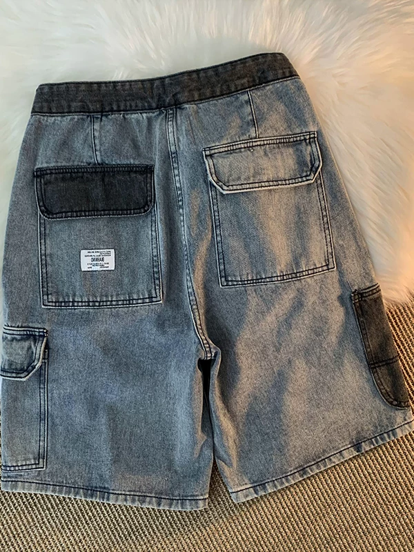 Quần short denim vintage đã qua giặt cho nam, thương hiệu thời trang mùa hè, quần cargo nhiều túi, quần short lửng kiểu Mỹ rộng rãi, thoải mái.