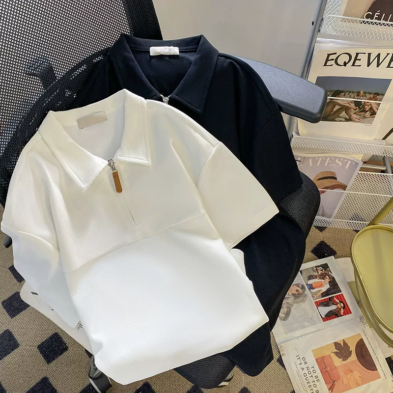 Áo polo nửa khóa kéo dành cho nam, phong cách Nhật Bản, cổ bẻ đơn giản, áo thun ngắn tay, trang phục nửa tay ngắn đa năng hợp thời trang mùa hè.