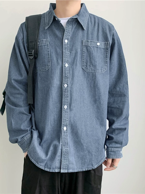 Áo sơ mi denim nam, dài tay, phong cách Hàn Quốc, hợp thời trang, sành điệu, áo sơ mi thường ngày, phong cách Hồng Kông mùa thu, đa năng, áo khoác thường ngày thương hiệu hợp thời trang
