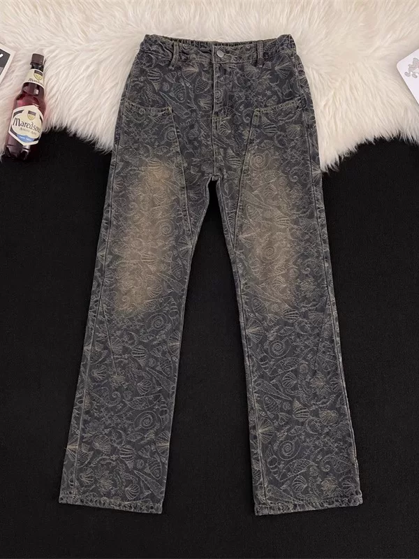 Quần jeans jacquard kiểu Mỹ dành cho nam, quần ống rộng dáng suông retro thời thượng, phong cách đường phố, quần dài ống rộng in họa tiết toàn bộ.