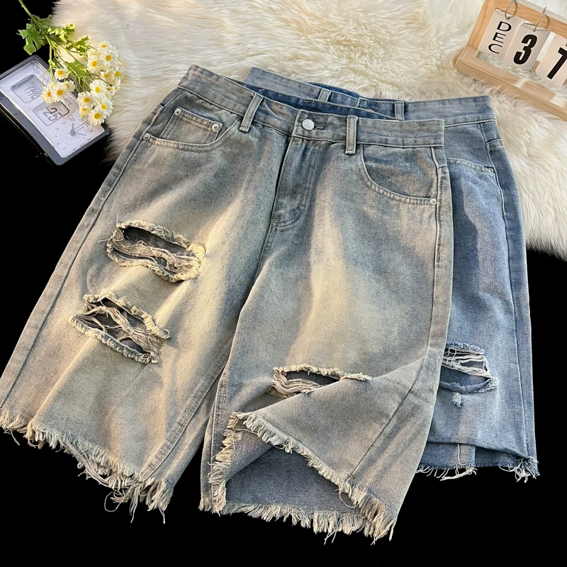 Quần short denim rách cho nam, phong cách Mỹ thời thượng, quần đã qua xử lý giặt mềm, dáng rộng mùa hè, quần short năm phần cá tính và sành điệu.