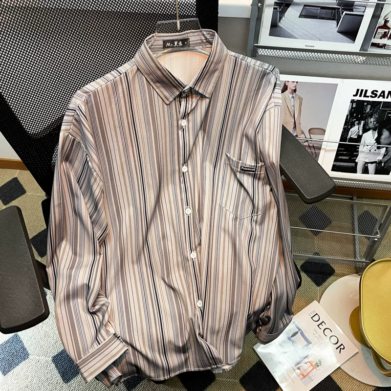 Áo sơ mi nam sọc dọc tay dài, phong cách Hồng Kông retro, áo kiểu Hàn Quốc thời trang xuân thu, dáng rộng lịch lãm.