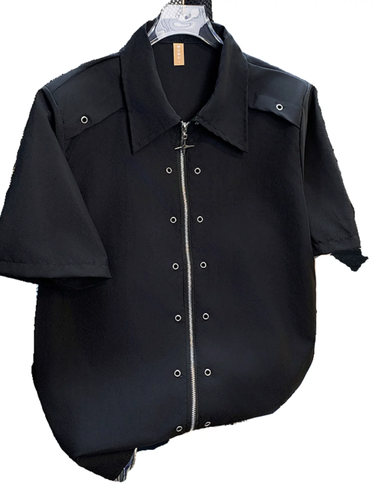 Áo sơ mi thiết kế có khóa kéo dành cho nam tay ngắn phong cách đường phố cao cấp phong cách Mỹ áo sơ mi có đệm vai mùa hè hợp thời trang thương hiệu áo khoác nửa tay rộng rãi