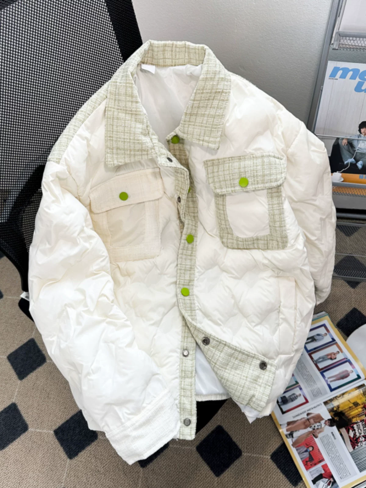 Áo khoác cotton kiểu Chanel dành cho nam, thiết kế dày dặn, dáng rộng mùa đông, áo khoác cotton cặp đôi phong cách Mỹ thời thượng.