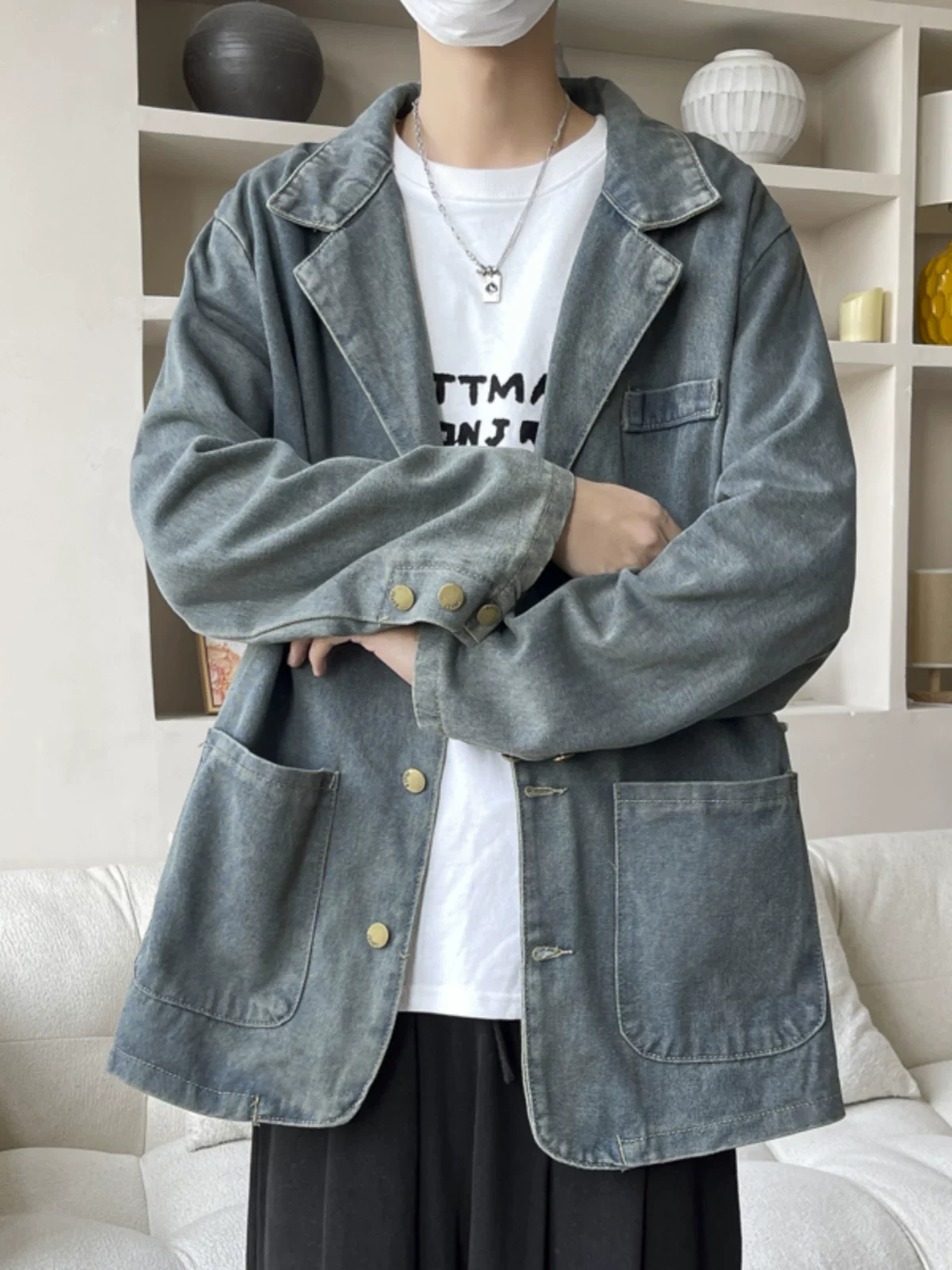 Áo khoác denim cổ áo kiểu suit, áo khoác thời trang xuân thu, áo khoác nam rộng rãi phong cách Mỹ cổ điển.