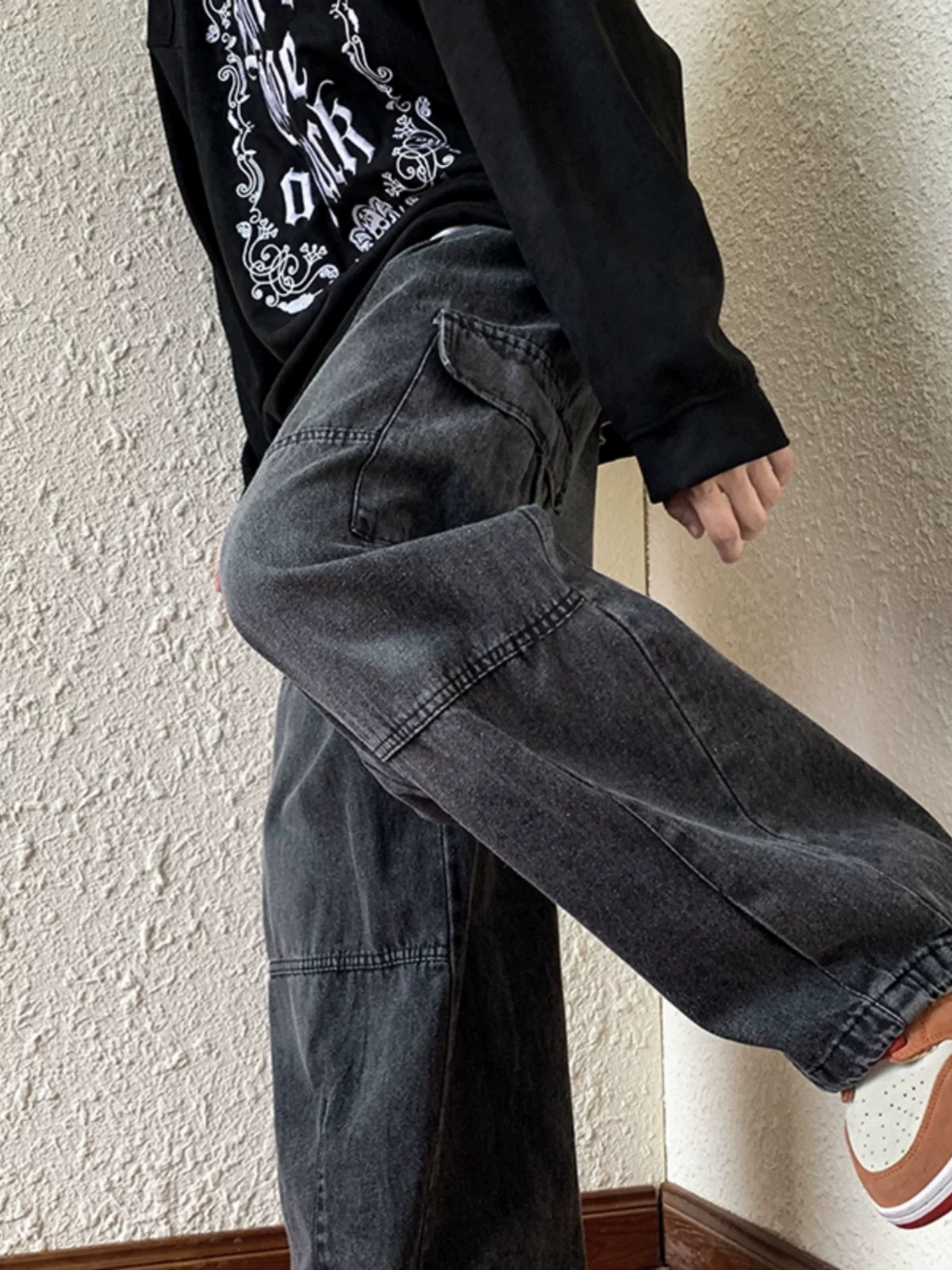 Quần jean denim nam mùa thu có dây rút, quần dài phong cách Mỹ, kiểu vintage, quần dài ống rộng thời trang hip-hop.