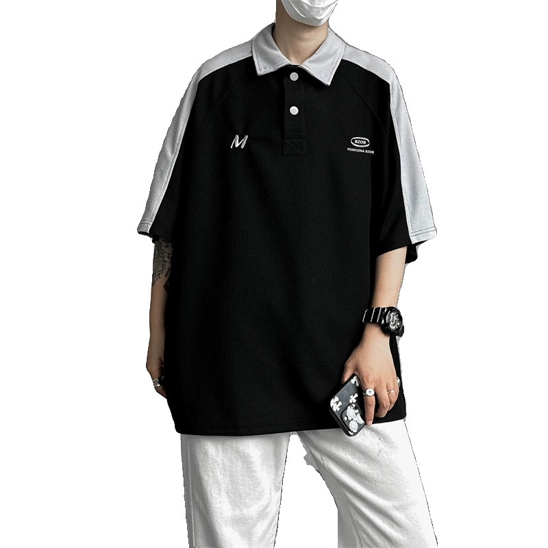 Áo polo waffle chất liệu dày dặn dành cho nam, áo thun tay ngắn phối màu thời trang phong cách Mỹ mùa hè, áo kiểu dáng rộng rãi đa năng tay lửng.