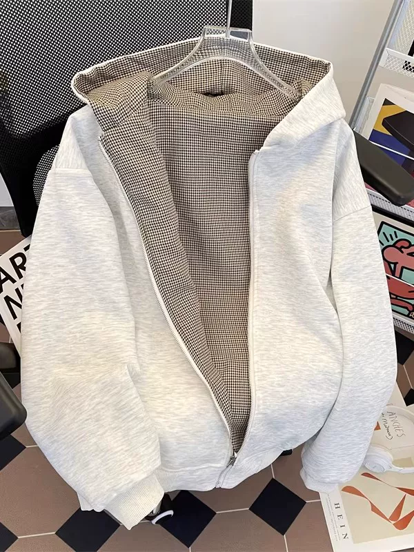 Áo len cardigan họa tiết răng cưa dành cho nam và nữ, áo khoác dáng rộng phong cách Mỹ thời thượng mùa thu đông, áo khoác có mũ thiết kế có thể đảo ngược.