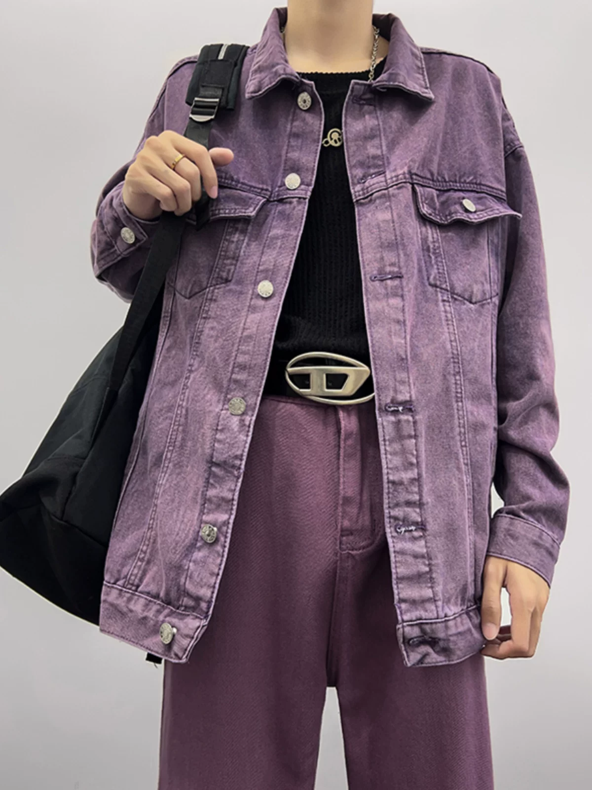 Bộ vest denim màu tím nhạt dành cho nam, kiểu dáng thời trang Mỹ, áo khoác và quần ống đứng, thích hợp cho mùa xuân và mùa thu.