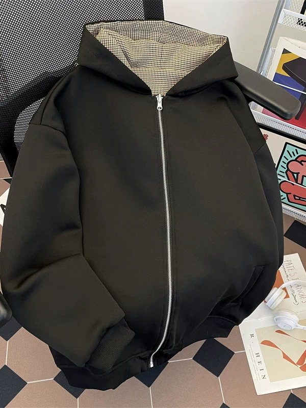 Áo len cardigan có thể đảo ngược dành cho nam, phong cách xuân thu, họa tiết răng cưa kiểu Mỹ cổ điển, quần áo có mũ trùm đầu rộng rãi hợp thời trang dành cho cặp đôi.