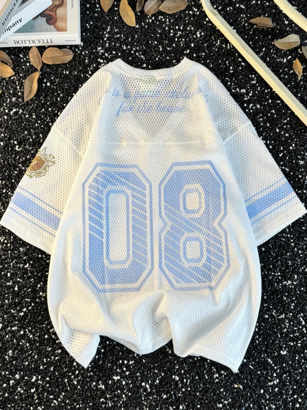 Áo thun ngắn tay mùa hè dành cho nam, áo jersey nửa tay cổ chữ V lưới kỹ thuật số thoáng khí hợp thời trang, quần áo cắt xẻ bằng vải lụa băng nhanh khô kiểu Mỹ