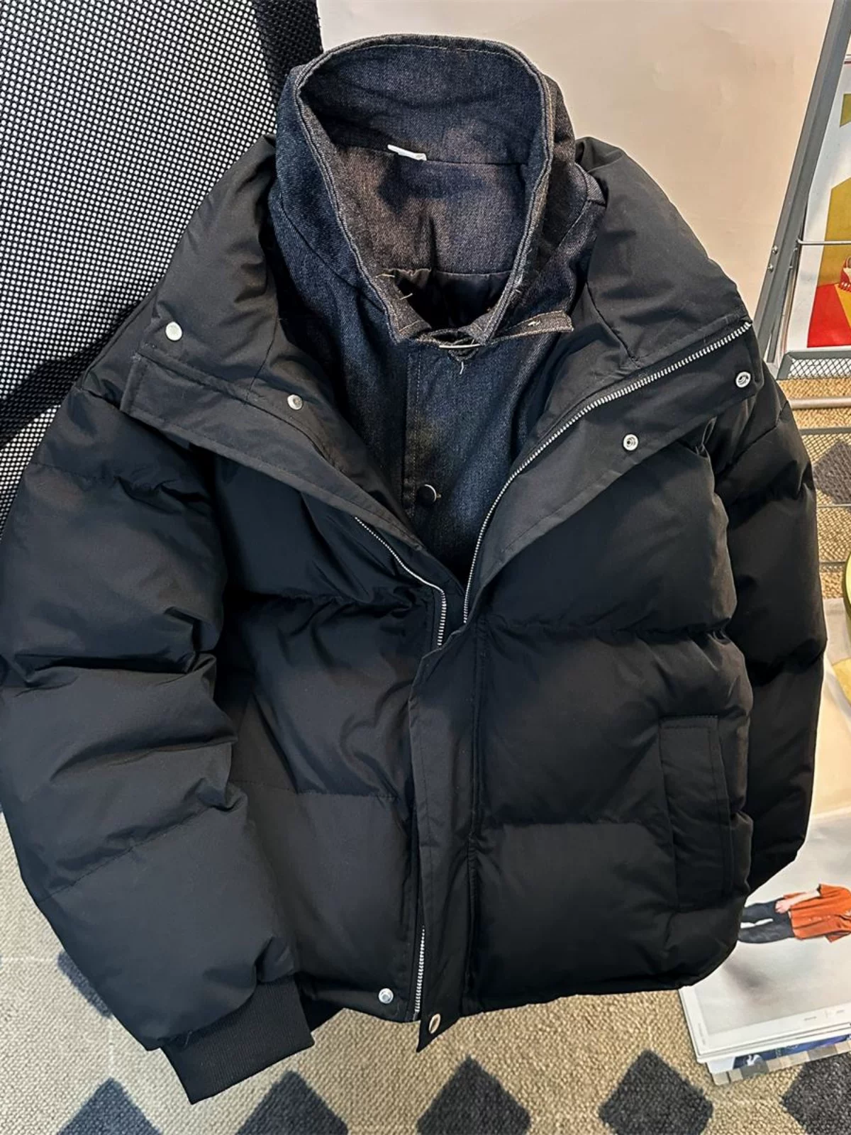 Áo khoác cotton hai lớp mùa thu đông dành cho nam, áo khoác denim cotton phối kiểu Mỹ, áo khoác độn bông dày phong cách thời thượng.