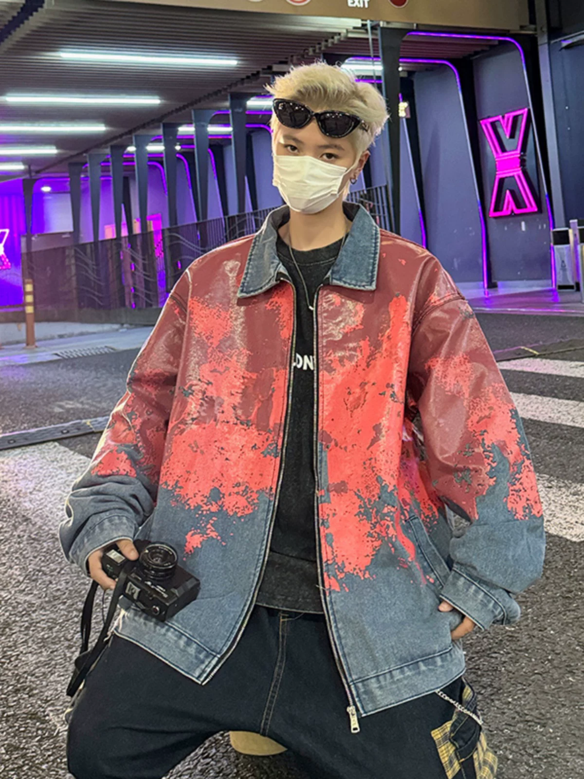 Áo khoác denim nhuộm tie-dye phong cách bụi bặm dành cho nam, kiểu dáng hoang dã Mỹ, thiết kế rộng rãi hợp thời trang cho mùa xuân và mùa thu.