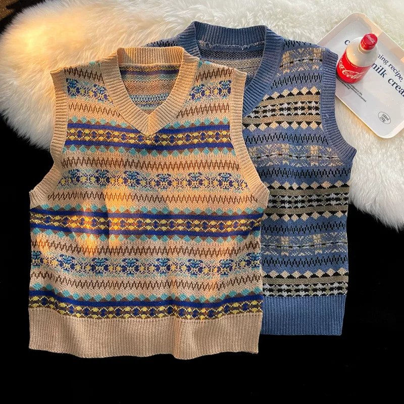 Áo vest dệt kim cổ chữ V phong cách retro Nhật Bản dành cho nam, áo len không tay đa năng mùa thu, phong cách cặp đôi hợp thời trang.