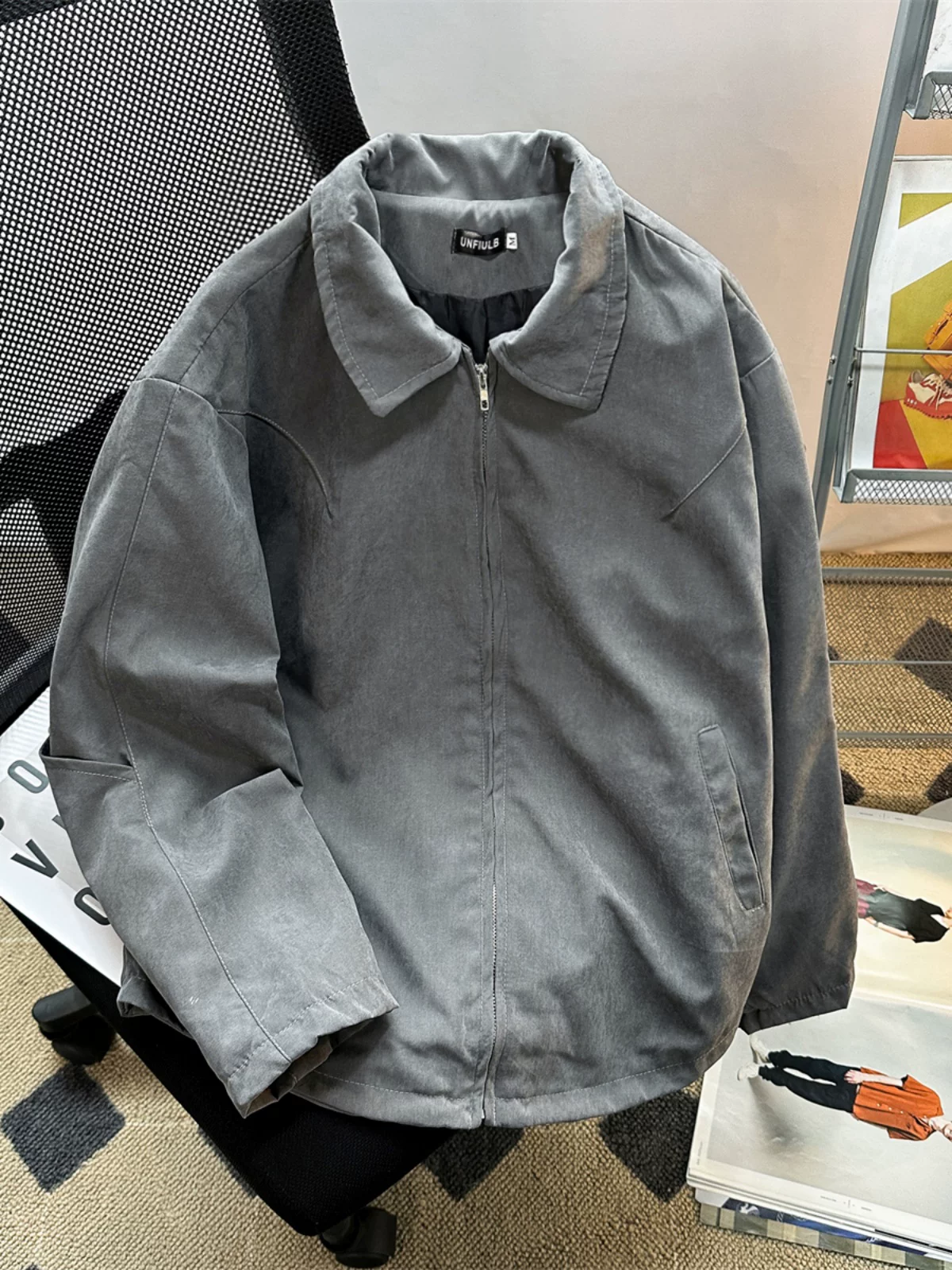 Áo khoác High Street Detroit dành cho nam, mùa xuân thu, phong cách retro Mỹ, thiết kế ve áo thời trang, thương hiệu hợp xu hướng, cảm giác cao cấp, áo khoác có khóa kéo.