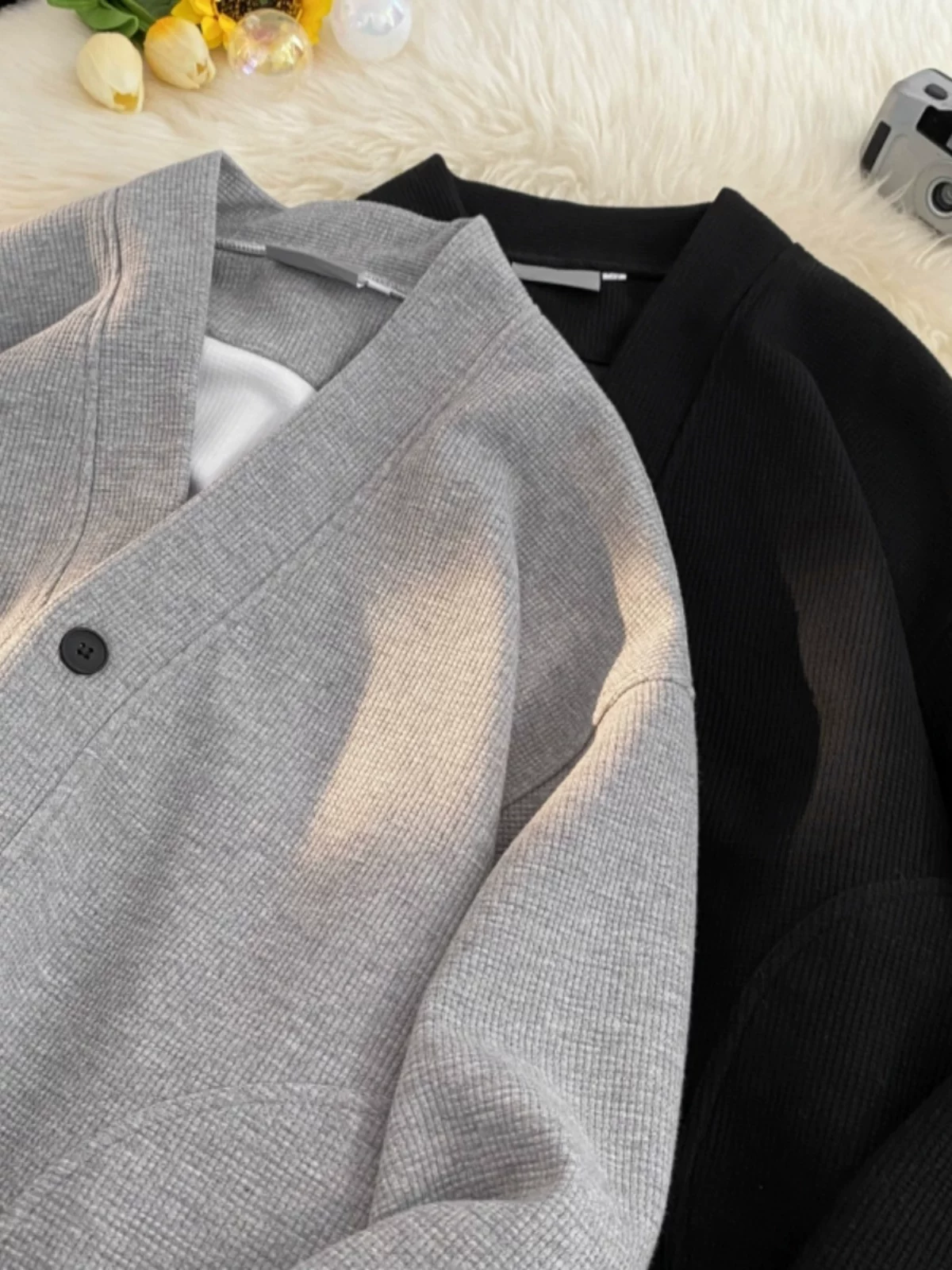 Áo khoác dệt kim kiểu waffle dành cho nam, áo cardigan cổ chữ V dáng rộng mùa thu, phong cách Nhật Bản thời thượng, áo khoác cặp đôi sinh viên.