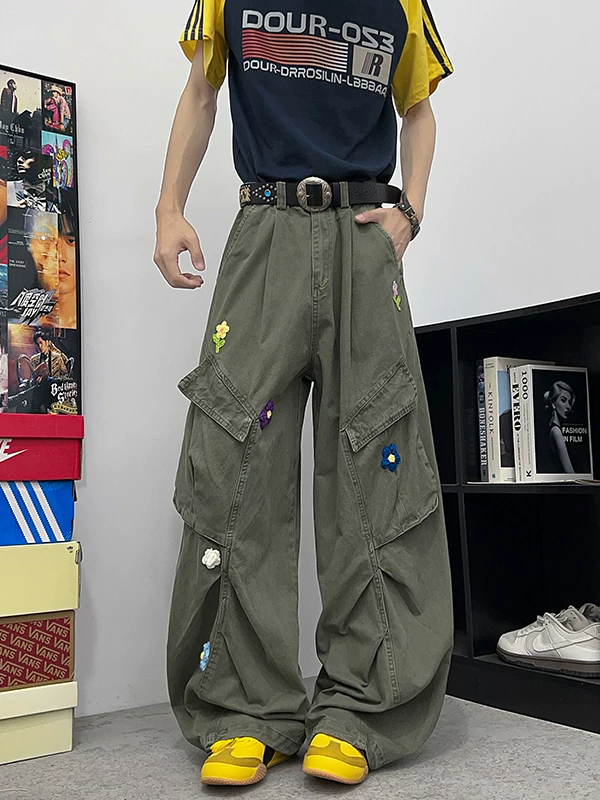 Quần jean nam thêu hoa có túi lớn, quần lính dù ống đứng phong cách retro Mỹ, quần công sở ống rộng thời thượng, quần thường ngày.