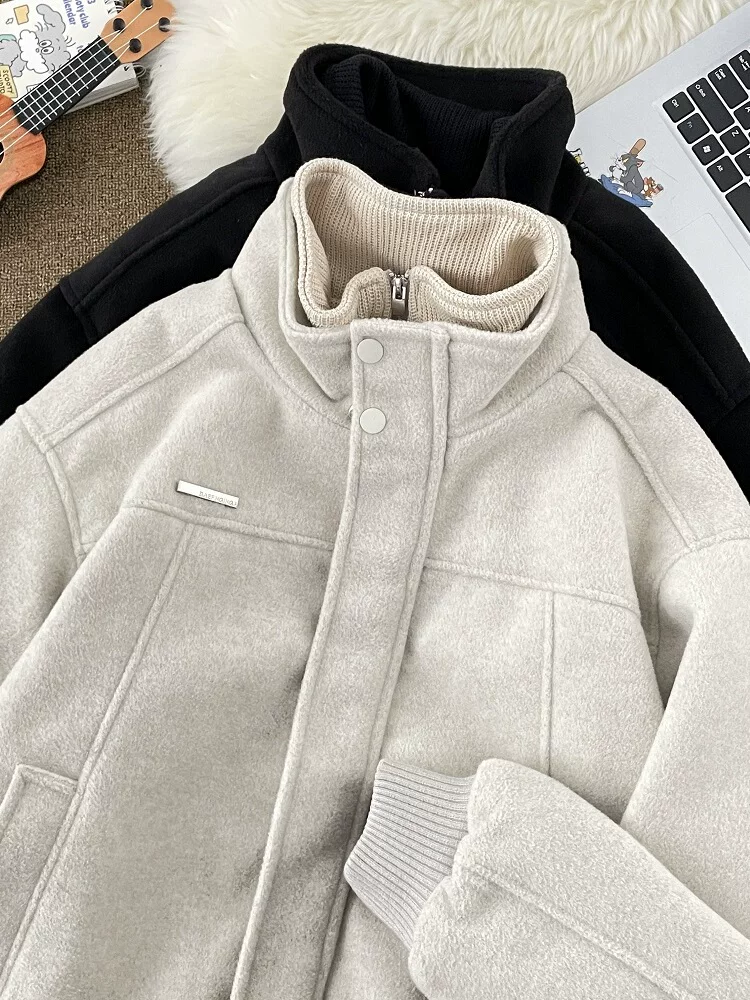 Áo khoác hai mảnh mùa xuân thu dành cho nam, phong cách thời thượng, thiết kế cá tính, áo khoác len dáng rộng kiểu Mỹ.