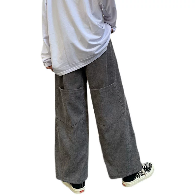 Quần nam mùa xuân thu, phong cách Hồng Kông, quần vải nhung cổ điển, thương hiệu thời thượng, dáng rộng, túi lớn, ống thẳng, quần dài chạm đất.