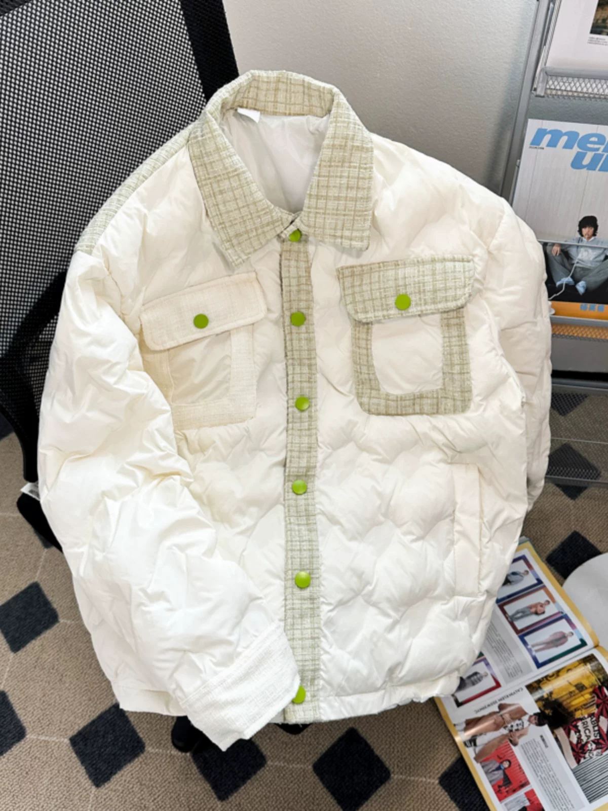 Áo khoác cotton kiểu Chanel dành cho nam, thiết kế dày dặn, dáng rộng mùa đông, áo khoác cotton cặp đôi phong cách Mỹ thời thượng.