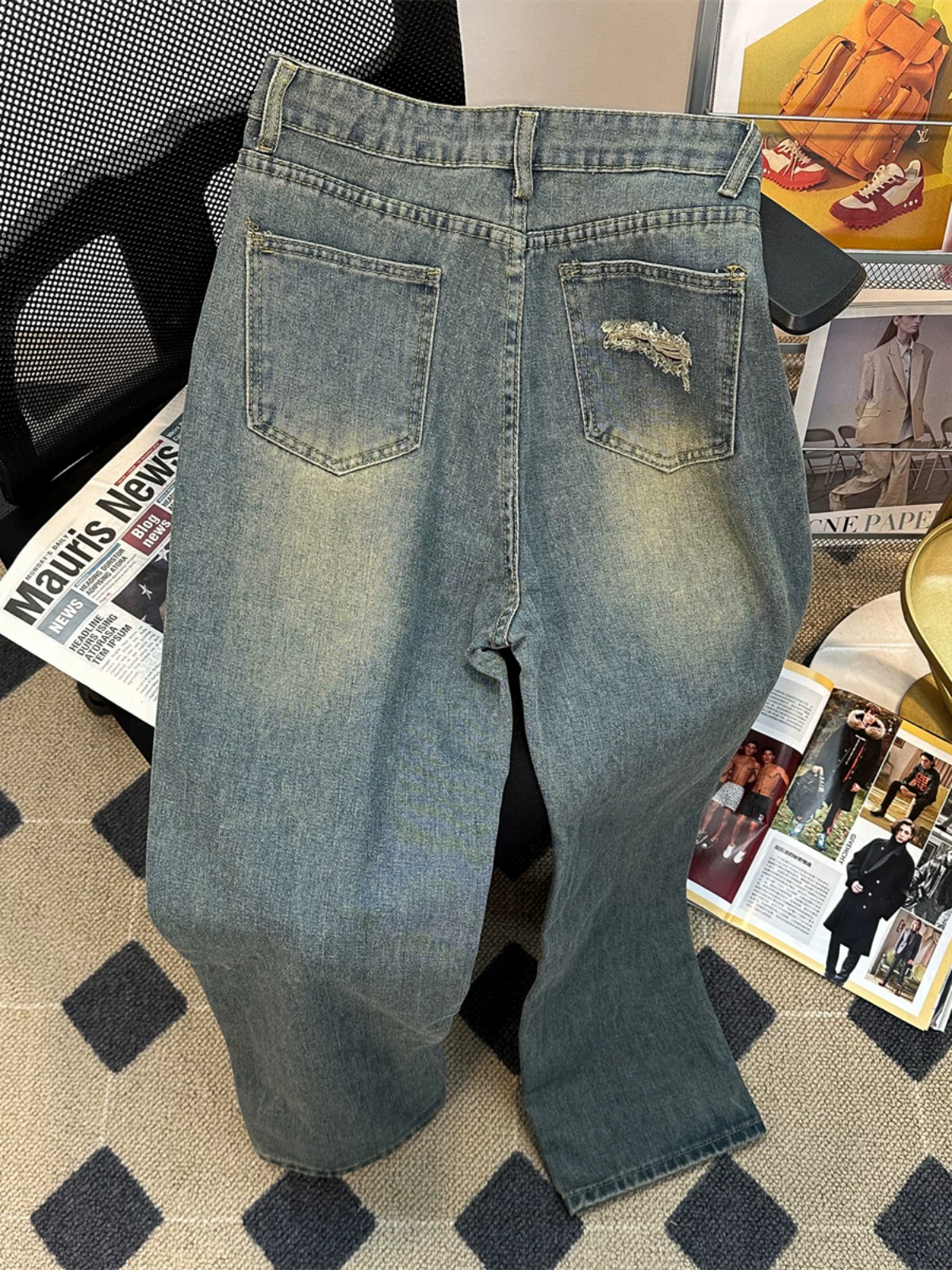 Quần jeans rách nam mùa xuân thu phong cách Mỹ retro thời thượng thương hiệu hip-hop, quần ống rộng vintage giặt mài