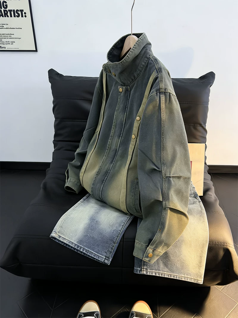 Áo khoác denim cổ đứng có thể giặt được dành cho nam, áo khoác có khóa kéo dáng rộng hợp thời trang mùa xuân thu, áo khoác cao cấp và phong cách Mỹ.