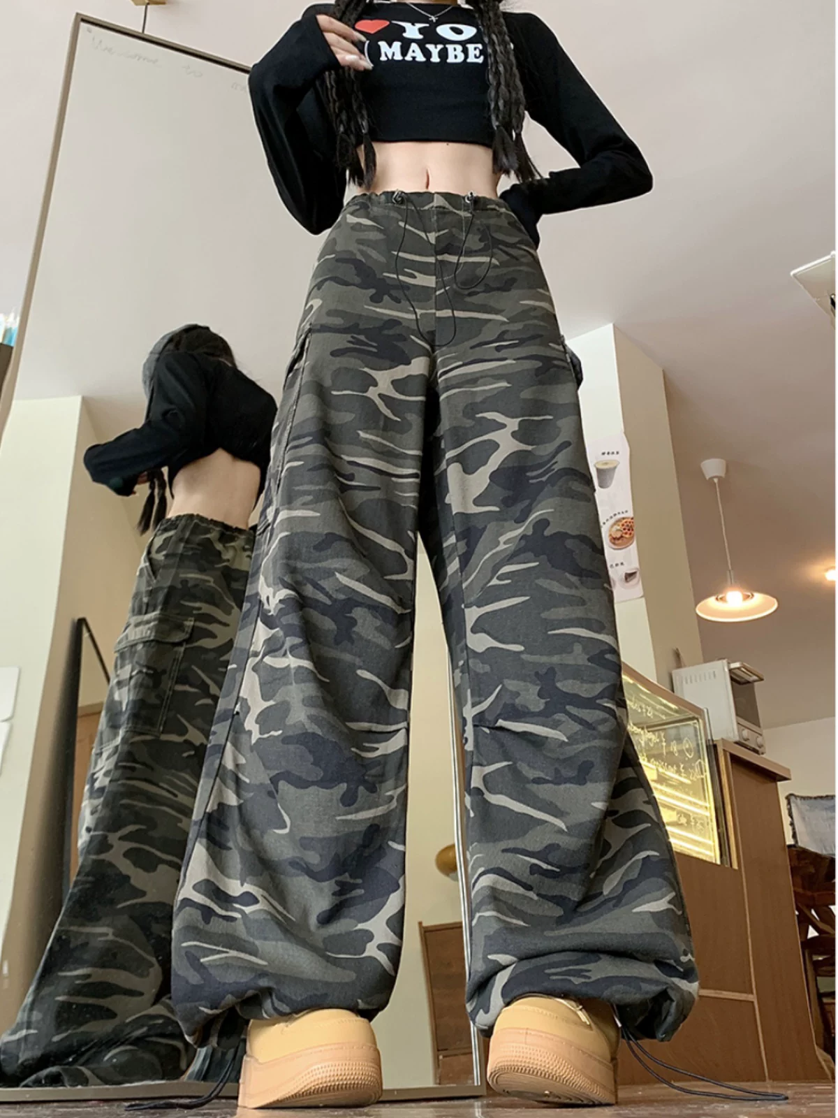 Quần jean rằn ri phong cách hip-hop kiểu Mỹ dành cho nam và nữ, quần công sở dáng rộng mùa xuân thu, quần dài ống rộng hợp thời trang.