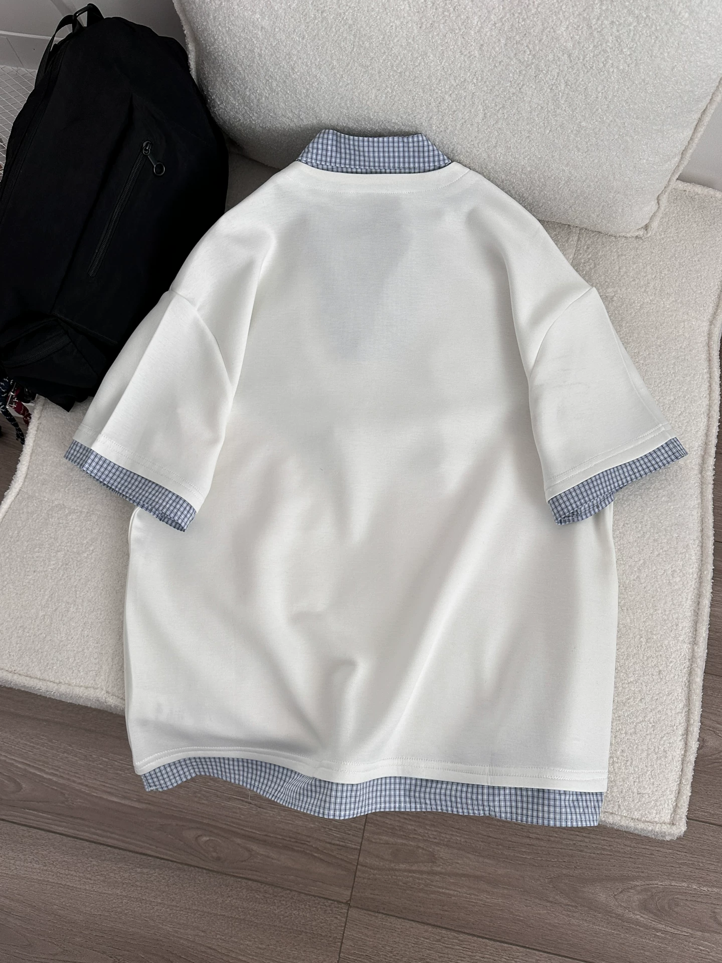 Áo polo giả hai mảnh cổ chữ V phong cách Mỹ dành cho nam và nữ, áo chắp vá rộng rãi mùa hè, áo thun nửa tay cao cấp thương hiệu thời thượng.