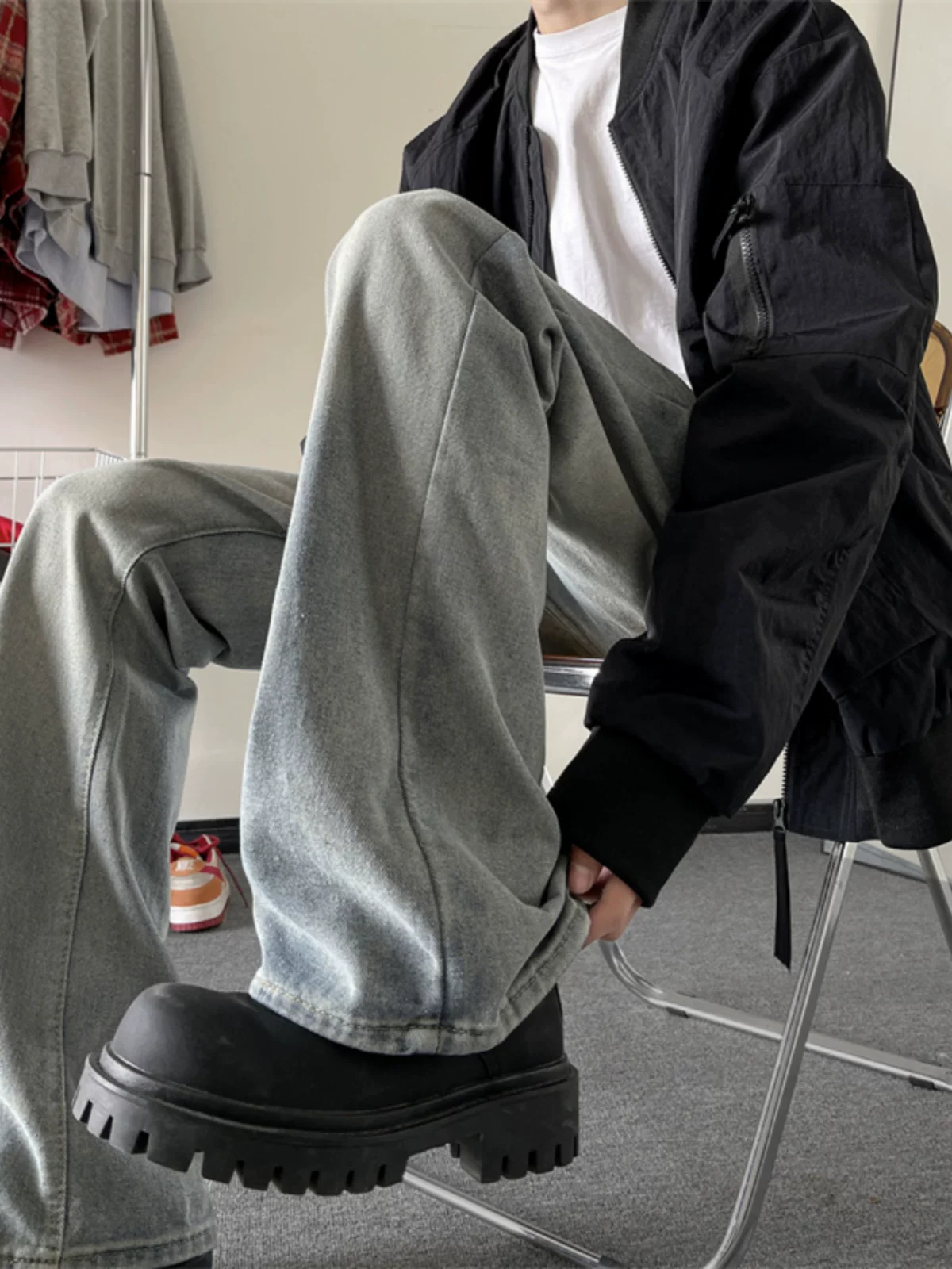 Quần jeans nam Xuân 2024 phong cách đường phố Mỹ, dáng thẳng, thời thượng, thương hiệu nổi tiếng, ống loe rộng, dài chạm đất